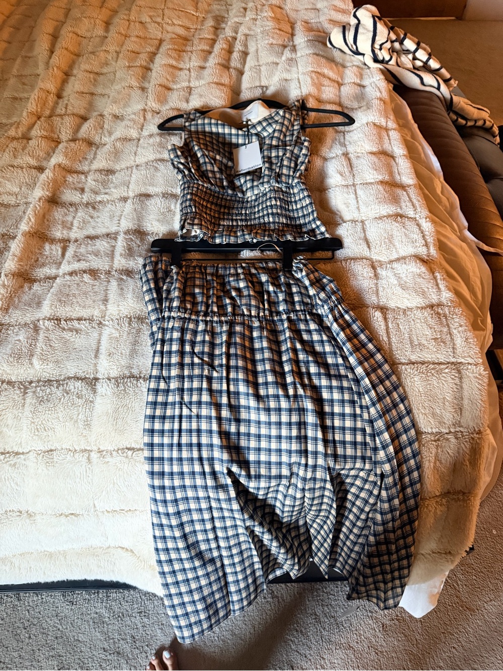 Reformation Blue and White Plaid Midi Skirt Set
